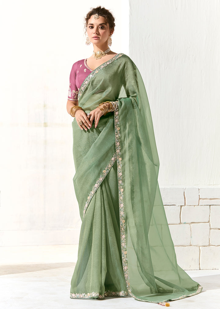 Buy Fabulous Mint Green Organza Tissue Embroidered Designer Saree Online in USA, UK, Canada, Spain, France, Germany, Italy, Austria, UAE & Worldwide at Empress.