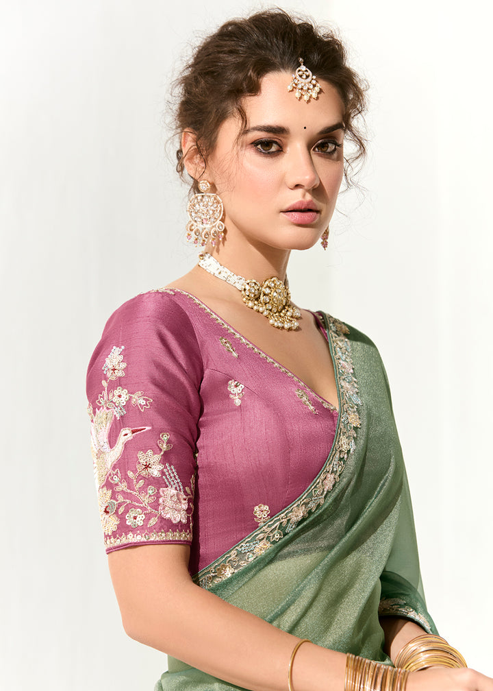 Buy Fabulous Mint Green Organza Tissue Embroidered Designer Saree Online in USA, UK, Canada, Spain, France, Germany, Italy, Austria, UAE & Worldwide at Empress.
