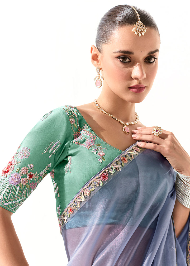 Buy Fabulous Periwinkle Organza Tissue Embroidered Designer Saree Online in USA, UK, Canada, Spain, France, Germany, Italy, Austria, UAE & Worldwide at Empress.