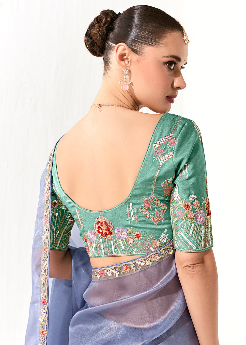 Buy Fabulous Periwinkle Organza Tissue Embroidered Designer Saree Online in USA, UK, Canada, Spain, France, Germany, Italy, Austria, UAE & Worldwide at Empress.