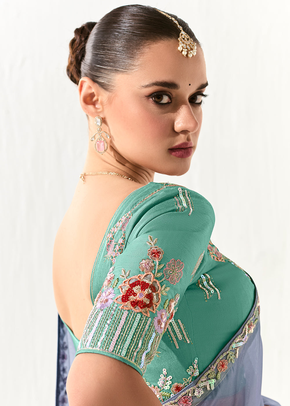 Buy Fabulous Periwinkle Organza Tissue Embroidered Designer Saree Online in USA, UK, Canada, Spain, France, Germany, Italy, Austria, UAE & Worldwide at Empress.