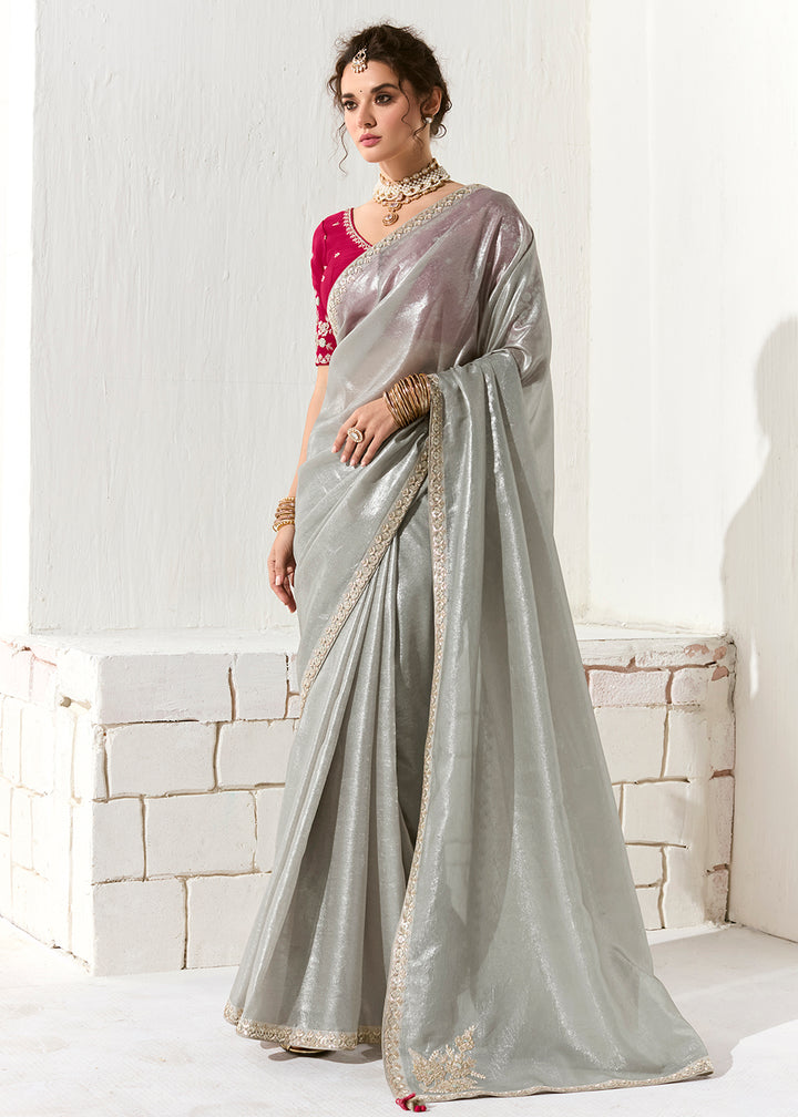 Buy Fabulous Silver Organza Tissue Embroidered Designer Saree Online in USA, UK, Canada, Spain, France, Germany, Italy, Austria, UAE & Worldwide at Empress.