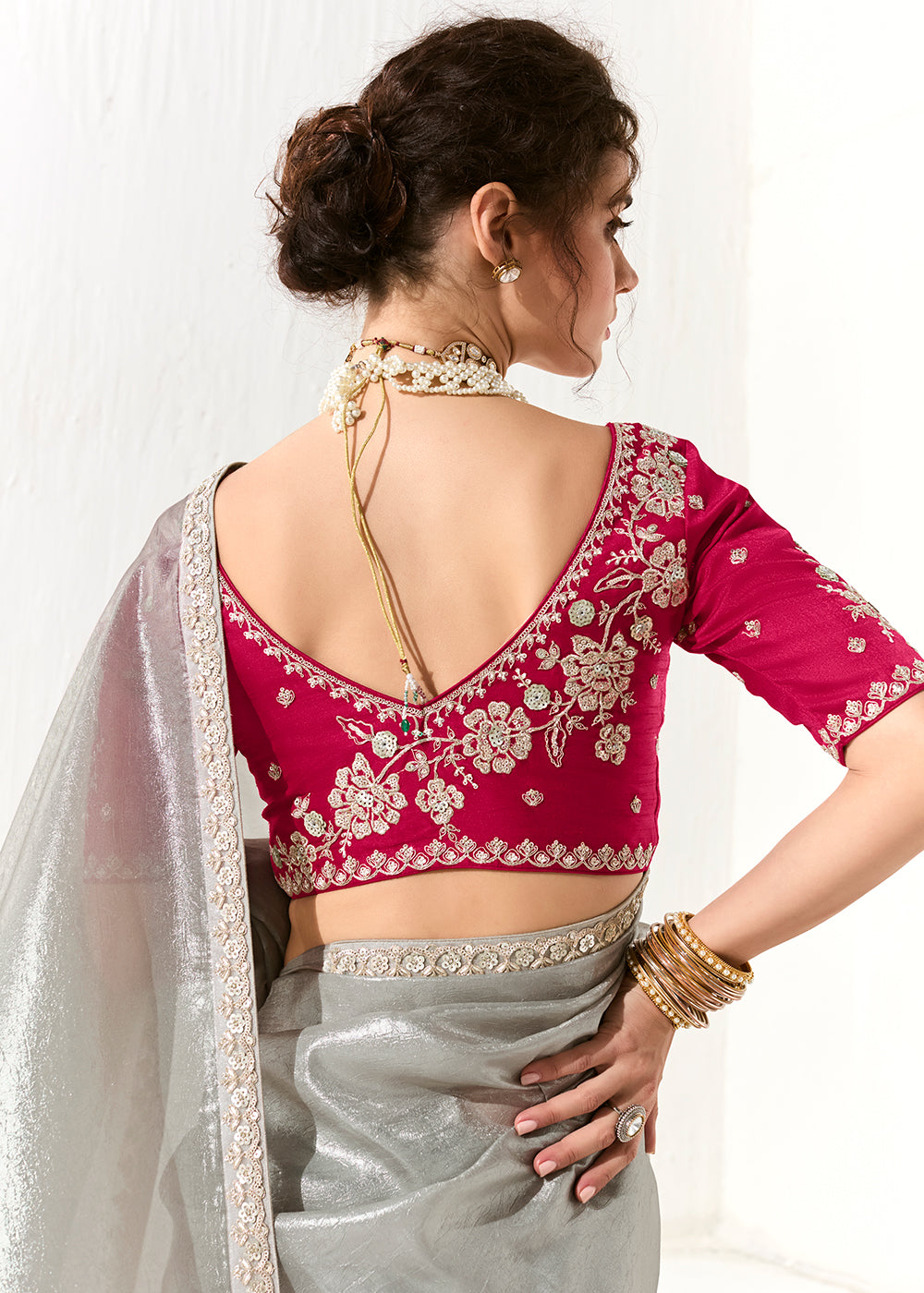 Buy Fabulous Silver Organza Tissue Embroidered Designer Saree Online in USA, UK, Canada, Spain, France, Germany, Italy, Austria, UAE & Worldwide at Empress.