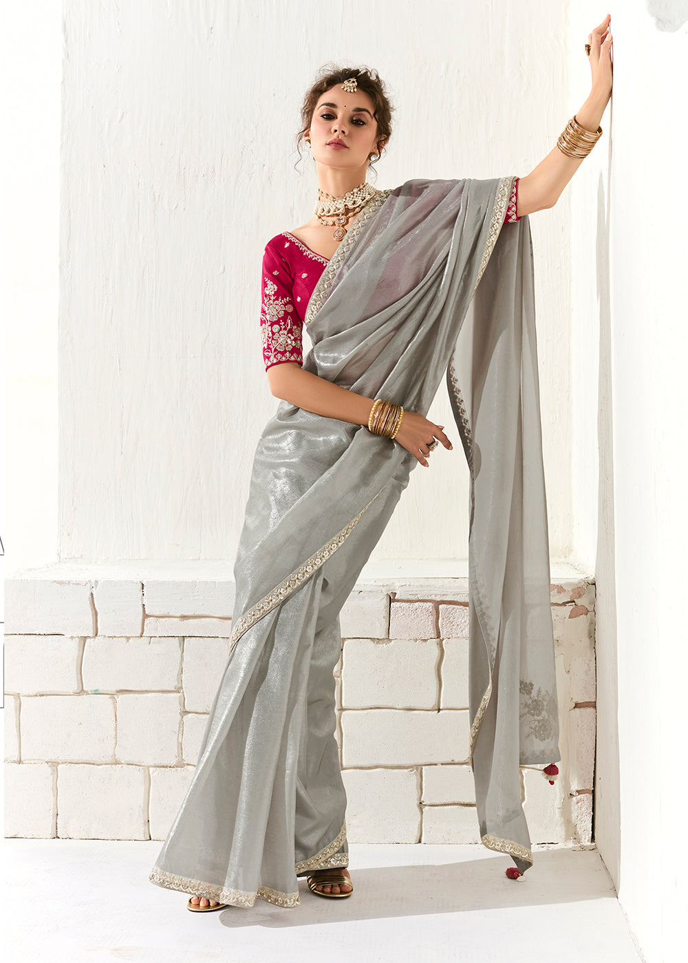 Buy Fabulous Silver Organza Tissue Embroidered Designer Saree Online in USA, UK, Canada, Spain, France, Germany, Italy, Austria, UAE & Worldwide at Empress.