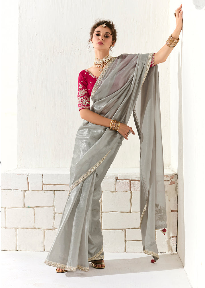 Buy Fabulous Silver Organza Tissue Embroidered Designer Saree Online in USA, UK, Canada, Spain, France, Germany, Italy, Austria, UAE & Worldwide at Empress.