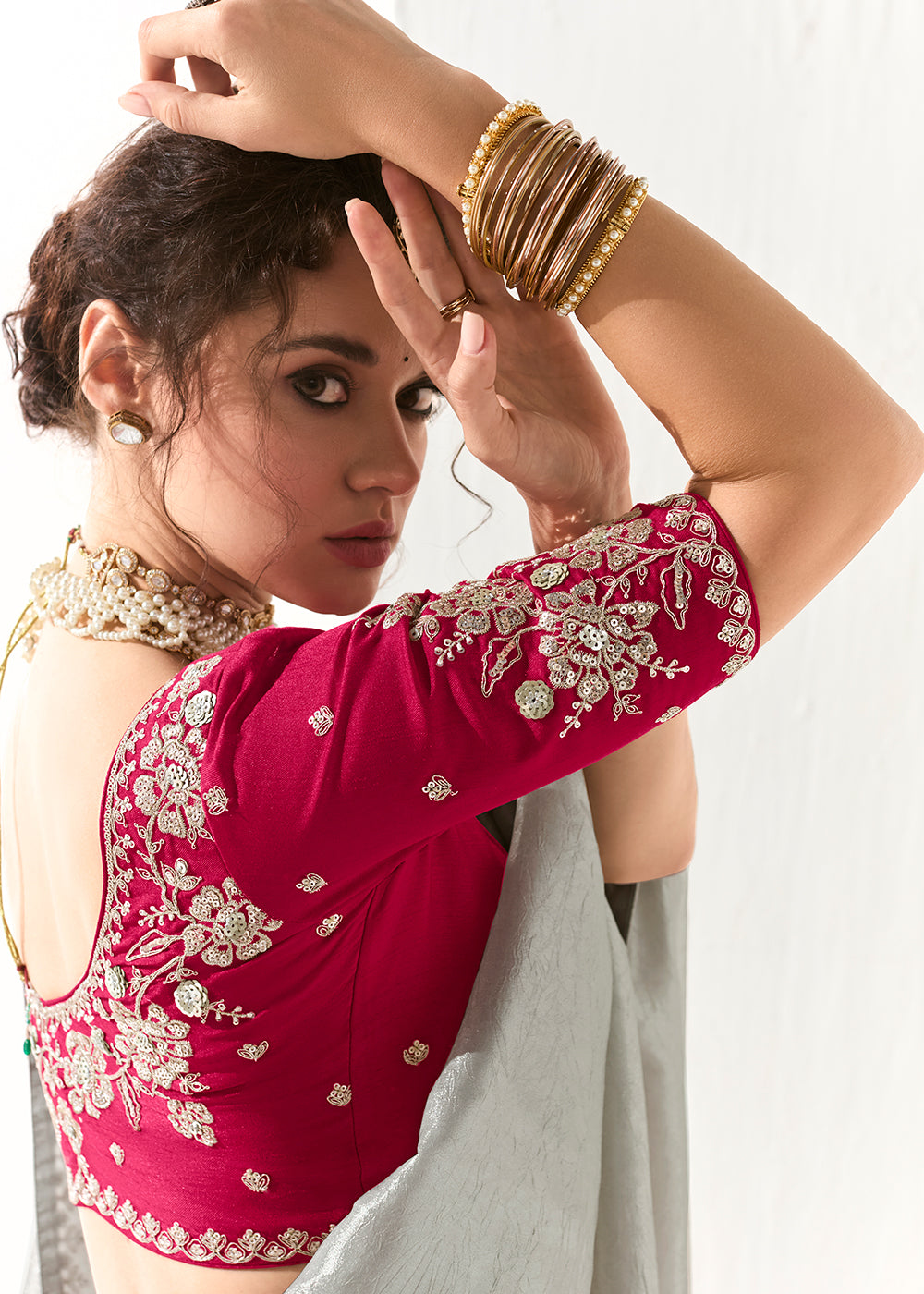 Buy Fabulous Silver Organza Tissue Embroidered Designer Saree Online in USA, UK, Canada, Spain, France, Germany, Italy, Austria, UAE & Worldwide at Empress.