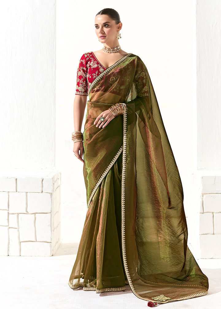 Buy Fabulous Mehndi Organza Tissue Embroidered Designer Saree Online in USA, UK, Canada, Spain, France, Germany, Italy, Austria, UAE & Worldwide at Empress.