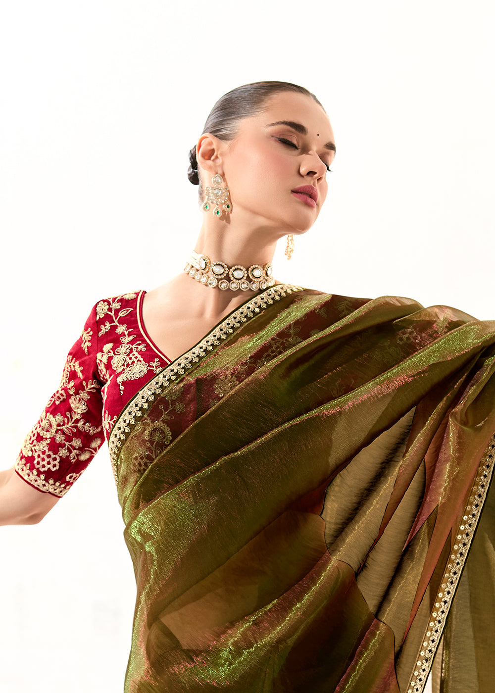 Buy Fabulous Mehndi Organza Tissue Embroidered Designer Saree Online in USA, UK, Canada, Spain, France, Germany, Italy, Austria, UAE & Worldwide at Empress.