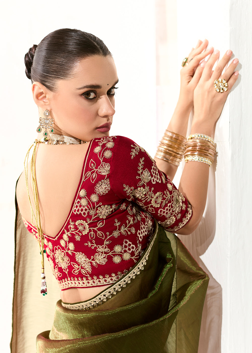 Buy Fabulous Mehndi Organza Tissue Embroidered Designer Saree Online in USA, UK, Canada, Spain, France, Germany, Italy, Austria, UAE & Worldwide at Empress.