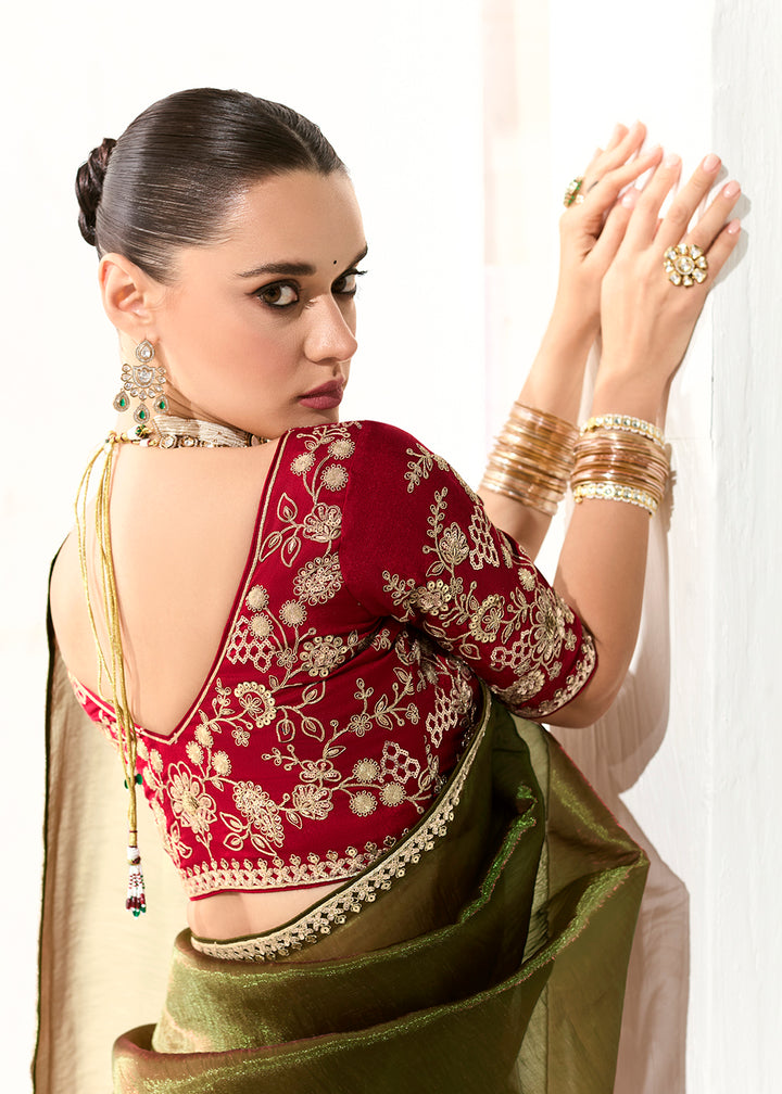 Buy Fabulous Mehndi Organza Tissue Embroidered Designer Saree Online in USA, UK, Canada, Spain, France, Germany, Italy, Austria, UAE & Worldwide at Empress.