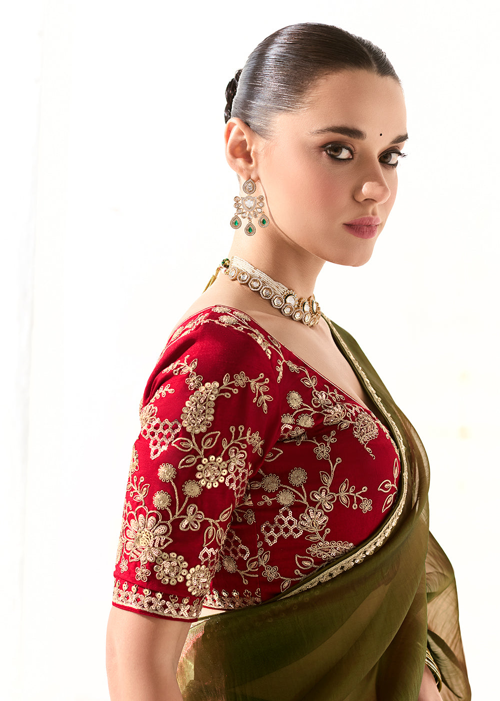 Buy Fabulous Mehndi Organza Tissue Embroidered Designer Saree Online in USA, UK, Canada, Spain, France, Germany, Italy, Austria, UAE & Worldwide at Empress.