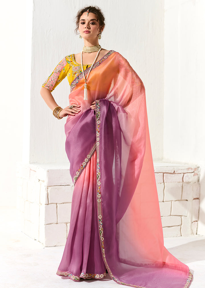 Buy Fabulous Pink & Peach Organza Tissue Embroidered Designer Saree Online in USA, UK, Canada, Spain, France, Germany, Italy, Austria, UAE & Worldwide at Empress.