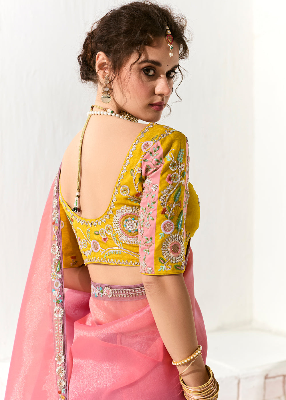 Buy Fabulous Pink & Peach Organza Tissue Embroidered Designer Saree Online in USA, UK, Canada, Spain, France, Germany, Italy, Austria, UAE & Worldwide at Empress.