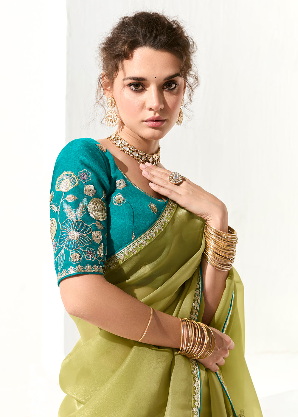Buy Fabulous Pista Green Organza Tissue Embroidered Designer Saree Online in USA, UK, Canada, Spain, France, Germany, Italy, Austria, UAE & Worldwide at Empress.