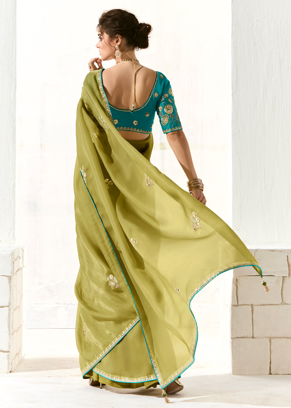Buy Fabulous Pista Green Organza Tissue Embroidered Designer Saree Online in USA, UK, Canada, Spain, France, Germany, Italy, Austria, UAE & Worldwide at Empress.