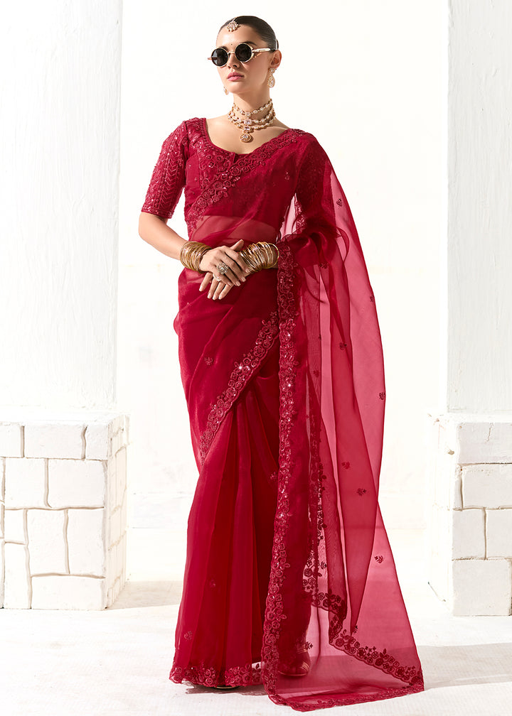 Buy Fabulous Red Organza Tissue Embroidered Designer Saree Online in USA, UK, Canada, Spain, France, Germany, Italy, Austria, UAE & Worldwide at Empress.
