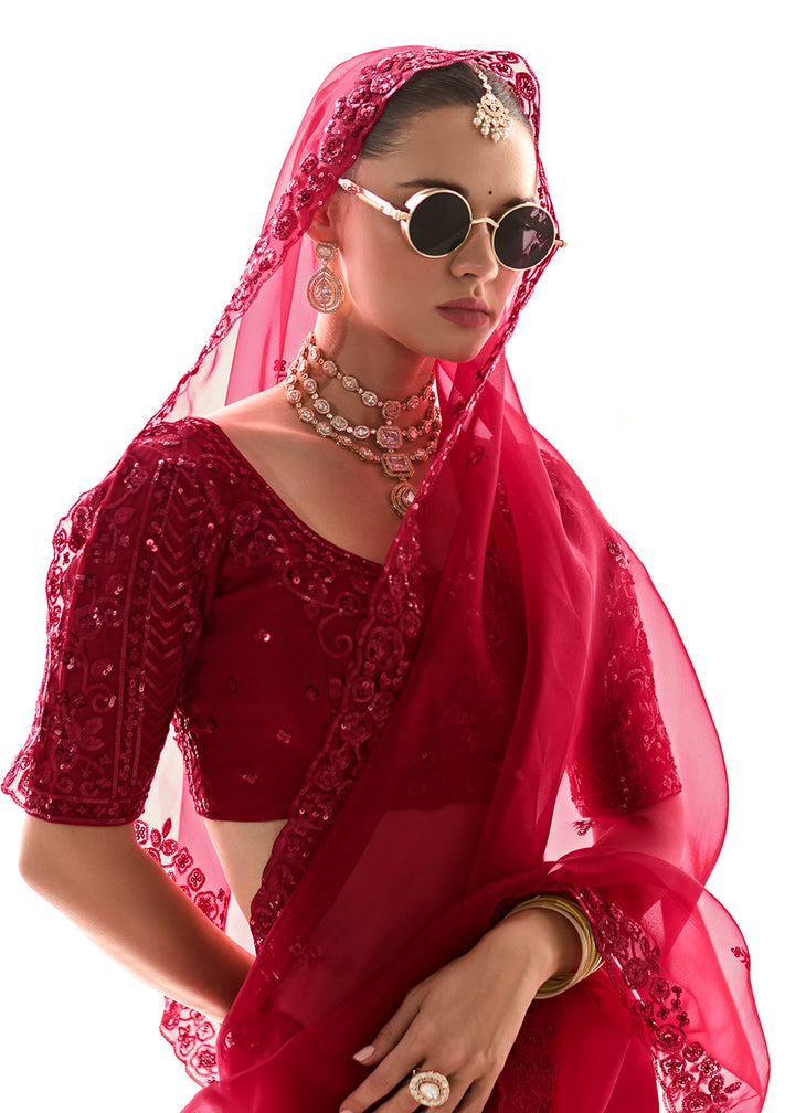 Buy Fabulous Red Organza Tissue Embroidered Designer Saree Online in USA, UK, Canada, Spain, France, Germany, Italy, Austria, UAE & Worldwide at Empress.