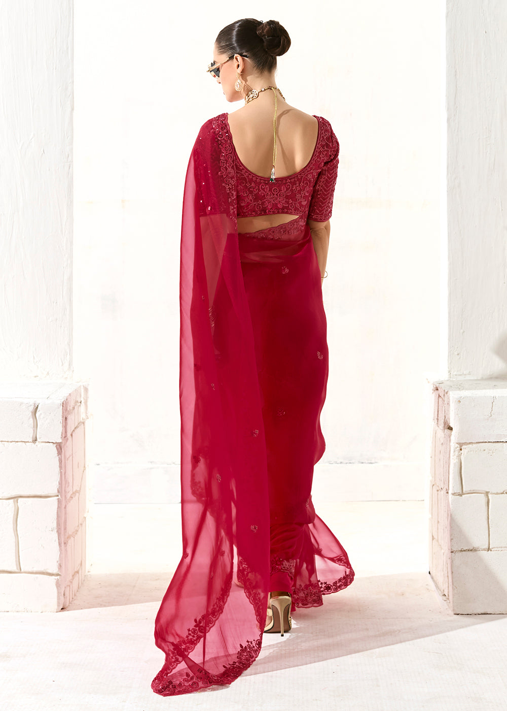Buy Fabulous Red Organza Tissue Embroidered Designer Saree Online in USA, UK, Canada, Spain, France, Germany, Italy, Austria, UAE & Worldwide at Empress.