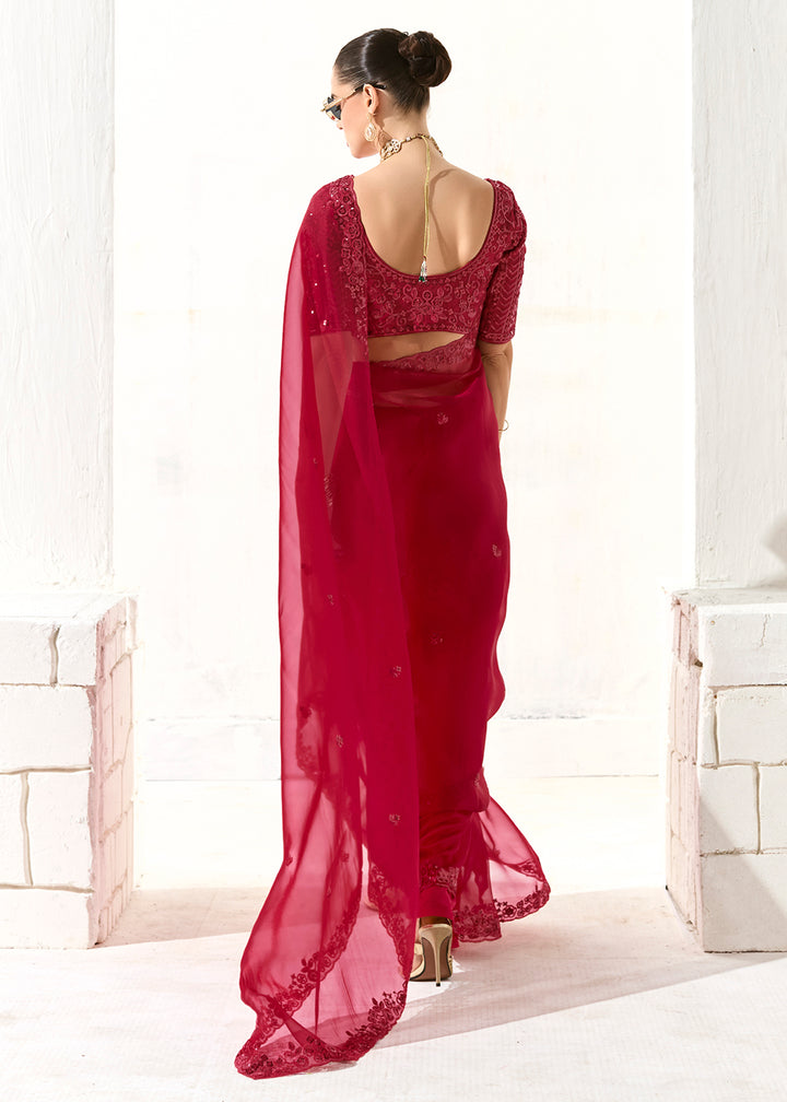 Buy Fabulous Red Organza Tissue Embroidered Designer Saree Online in USA, UK, Canada, Spain, France, Germany, Italy, Austria, UAE & Worldwide at Empress.