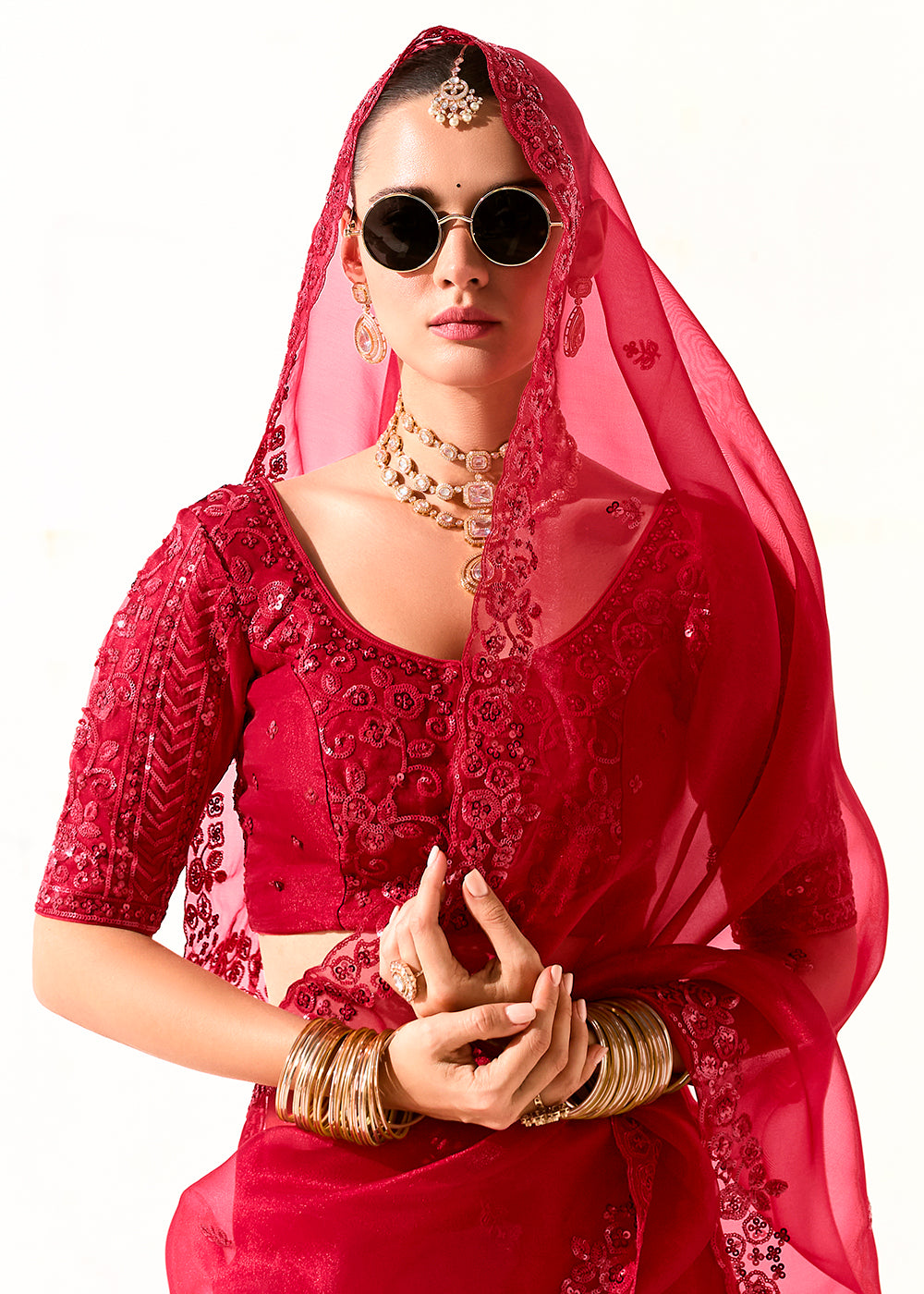 Buy Fabulous Red Organza Tissue Embroidered Designer Saree Online in USA, UK, Canada, Spain, France, Germany, Italy, Austria, UAE & Worldwide at Empress.