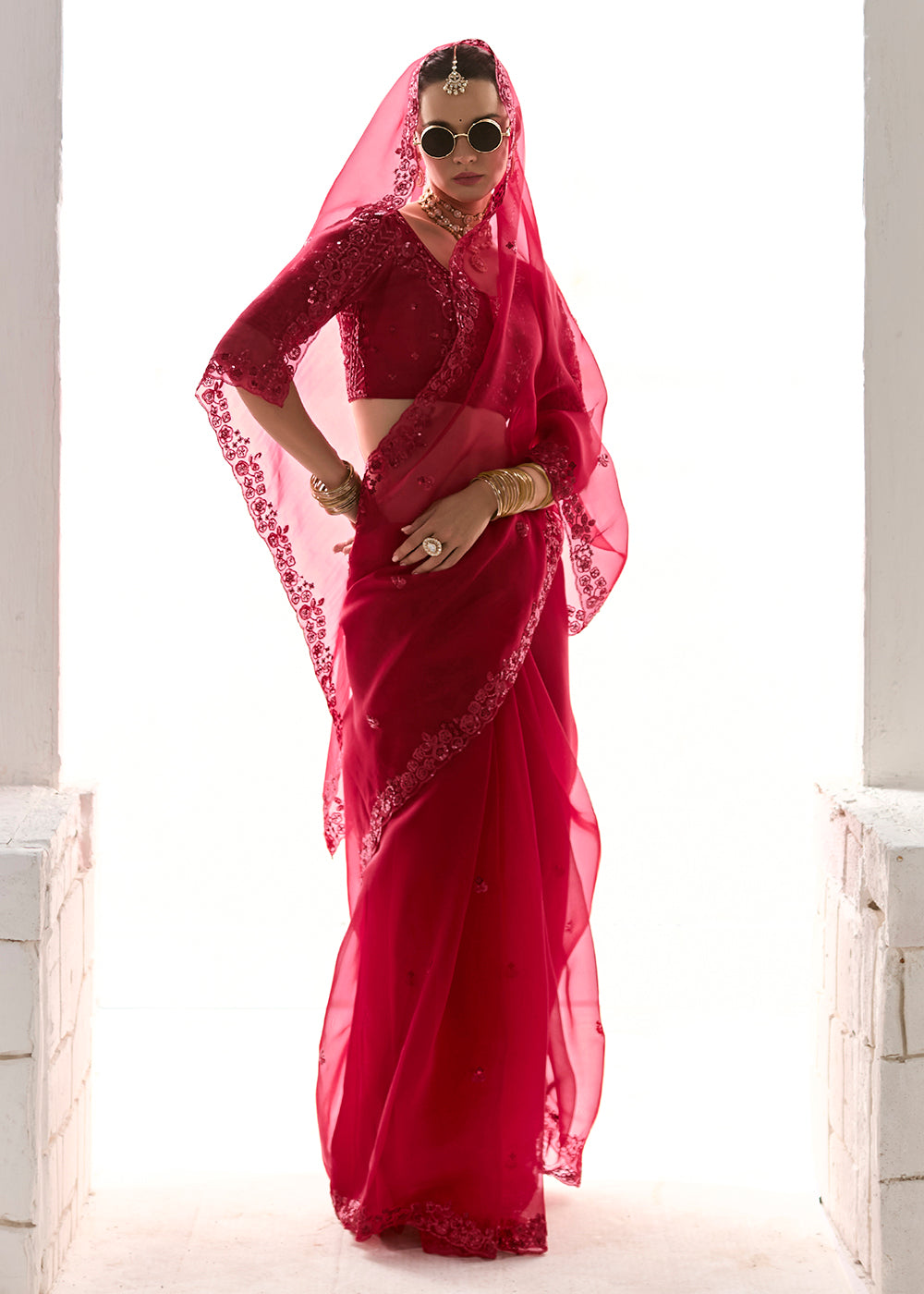 Buy Fabulous Red Organza Tissue Embroidered Designer Saree Online in USA, UK, Canada, Spain, France, Germany, Italy, Austria, UAE & Worldwide at Empress.
