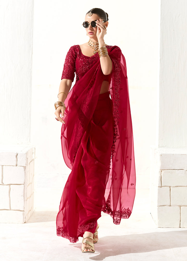 Buy Fabulous Red Organza Tissue Embroidered Designer Saree Online in USA, UK, Canada, Spain, France, Germany, Italy, Austria, UAE & Worldwide at Empress.