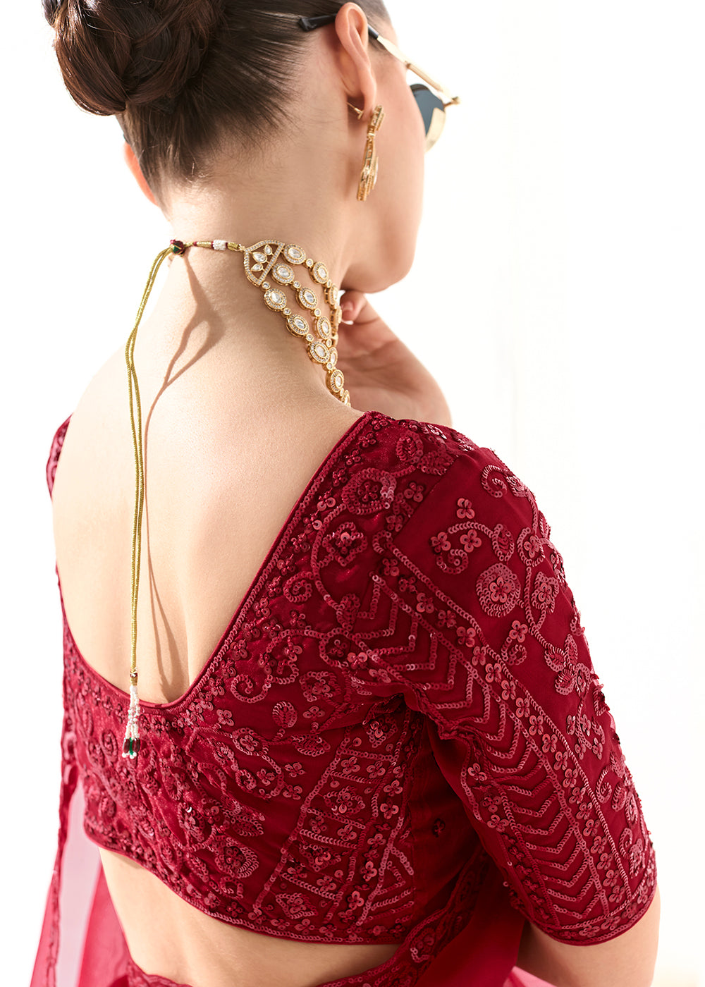 Buy Fabulous Red Organza Tissue Embroidered Designer Saree Online in USA, UK, Canada, Spain, France, Germany, Italy, Austria, UAE & Worldwide at Empress.