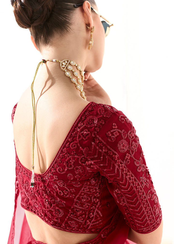 Buy Fabulous Red Organza Tissue Embroidered Designer Saree Online in USA, UK, Canada, Spain, France, Germany, Italy, Austria, UAE & Worldwide at Empress.