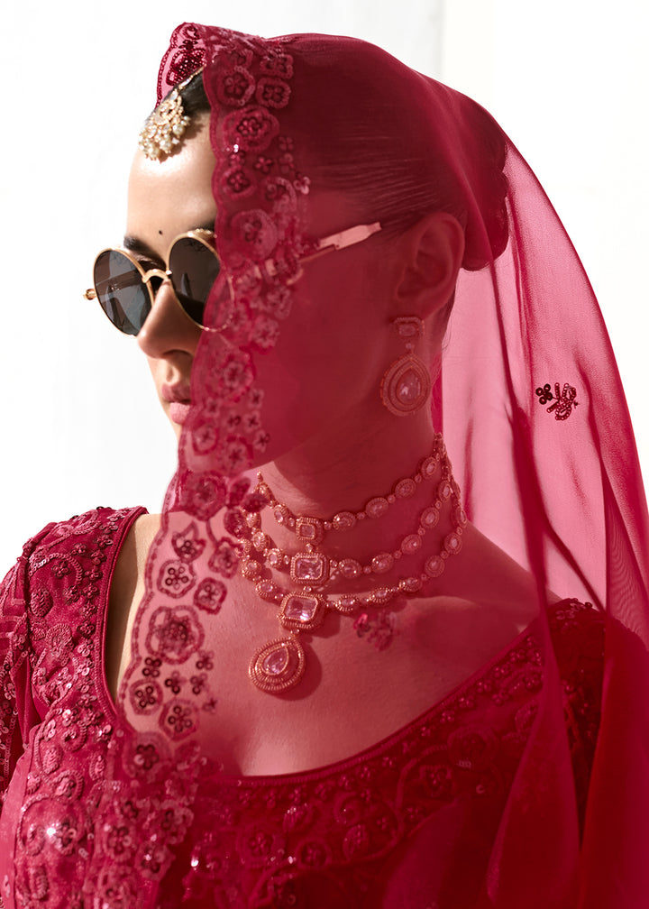 Buy Fabulous Red Organza Tissue Embroidered Designer Saree Online in USA, UK, Canada, Spain, France, Germany, Italy, Austria, UAE & Worldwide at Empress.