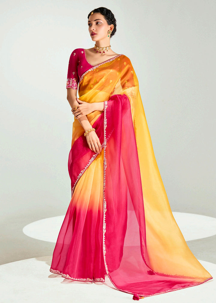 Buy Red & Yellow Organza Tissue Designer Party Wear Saree Online in USA, UK, Canada, Spain, France, Germany, Italy, Austria, UAE, Qatar & Worldwide at Empress.