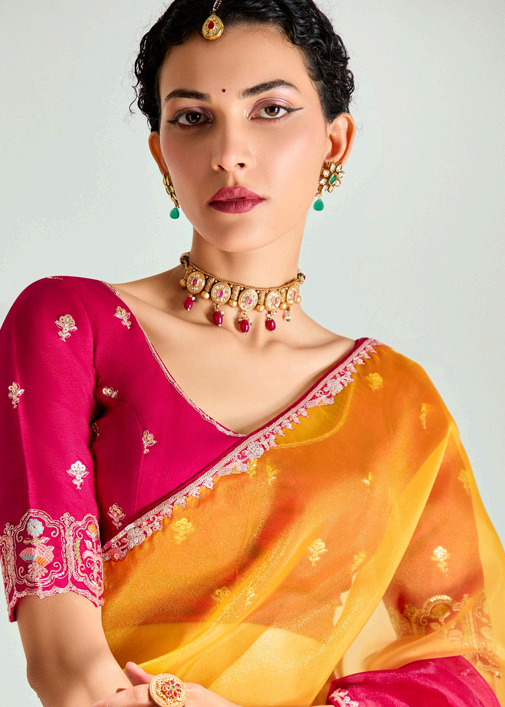 Buy Red & Yellow Organza Tissue Designer Party Wear Saree Online in USA, UK, Canada, Spain, France, Germany, Italy, Austria, UAE, Qatar & Worldwide at Empress.