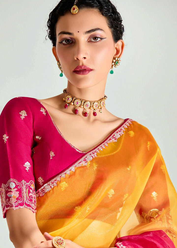 Buy Red & Yellow Organza Tissue Designer Party Wear Saree Online in USA, UK, Canada, Spain, France, Germany, Italy, Austria, UAE, Qatar & Worldwide at Empress.