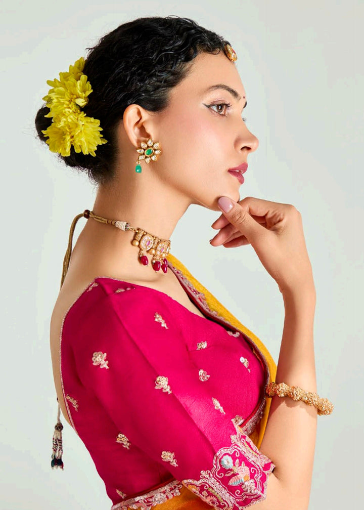 Buy Red & Yellow Organza Tissue Designer Party Wear Saree Online in USA, UK, Canada, Spain, France, Germany, Italy, Austria, UAE, Qatar & Worldwide at Empress.