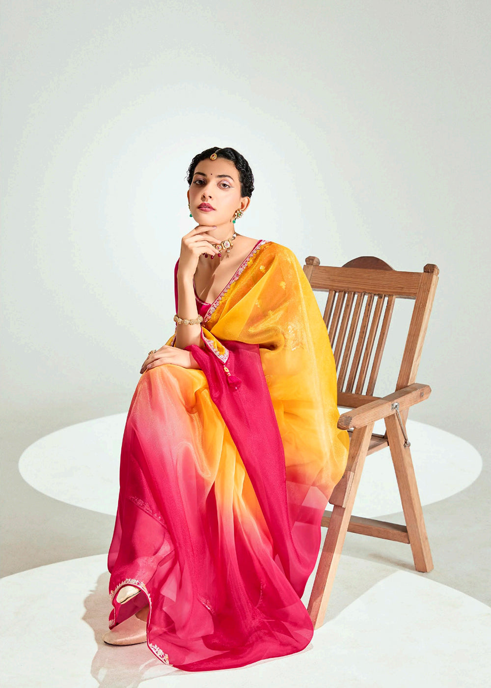 Buy Red & Yellow Organza Tissue Designer Party Wear Saree Online in USA, UK, Canada, Spain, France, Germany, Italy, Austria, UAE, Qatar & Worldwide at Empress.