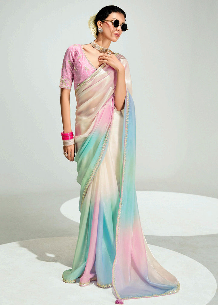 Buy Multi & Pink Organza Tissue Designer Party Wear Saree Online in USA, UK, Canada, Spain, France, Germany, Italy, Austria, UAE, Qatar & Worldwide at Empress.