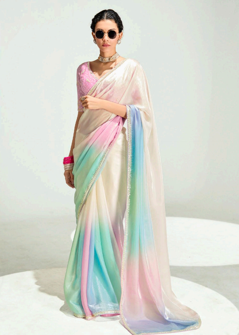 Buy Multi & Pink Organza Tissue Designer Party Wear Saree Online in USA, UK, Canada, Spain, France, Germany, Italy, Austria, UAE, Qatar & Worldwide at Empress.