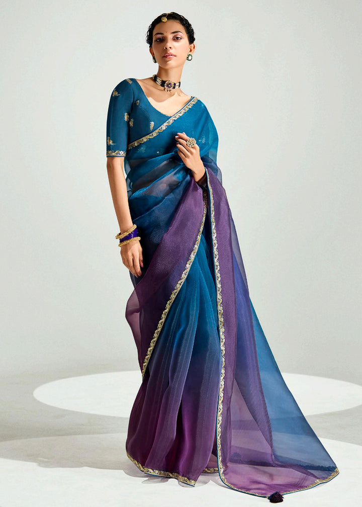 Buy Purple & Blue Organza Tissue Designer Party Wear Saree Online in USA, UK, Canada, Spain, France, Germany, Italy, Austria, UAE, Qatar & Worldwide at Empress.