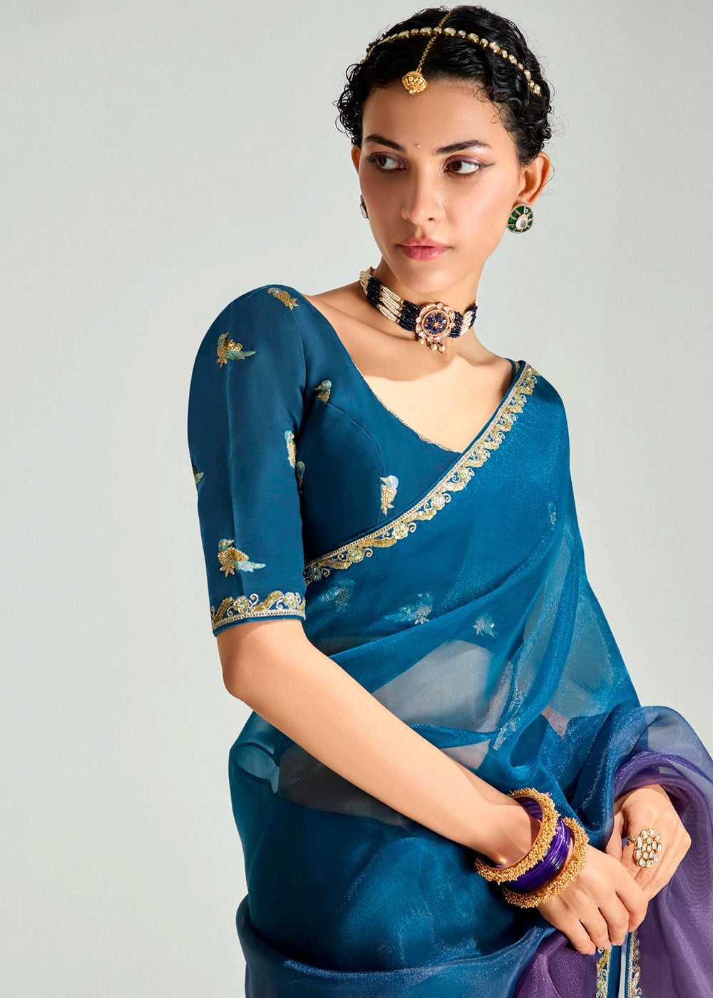 Buy Purple & Blue Organza Tissue Designer Party Wear Saree Online in USA, UK, Canada, Spain, France, Germany, Italy, Austria, UAE, Qatar & Worldwide at Empress.