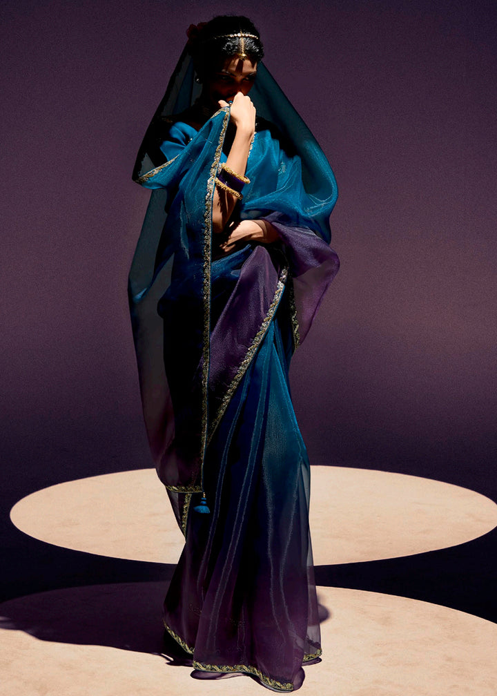 Buy Purple & Blue Organza Tissue Designer Party Wear Saree Online in USA, UK, Canada, Spain, France, Germany, Italy, Austria, UAE, Qatar & Worldwide at Empress.