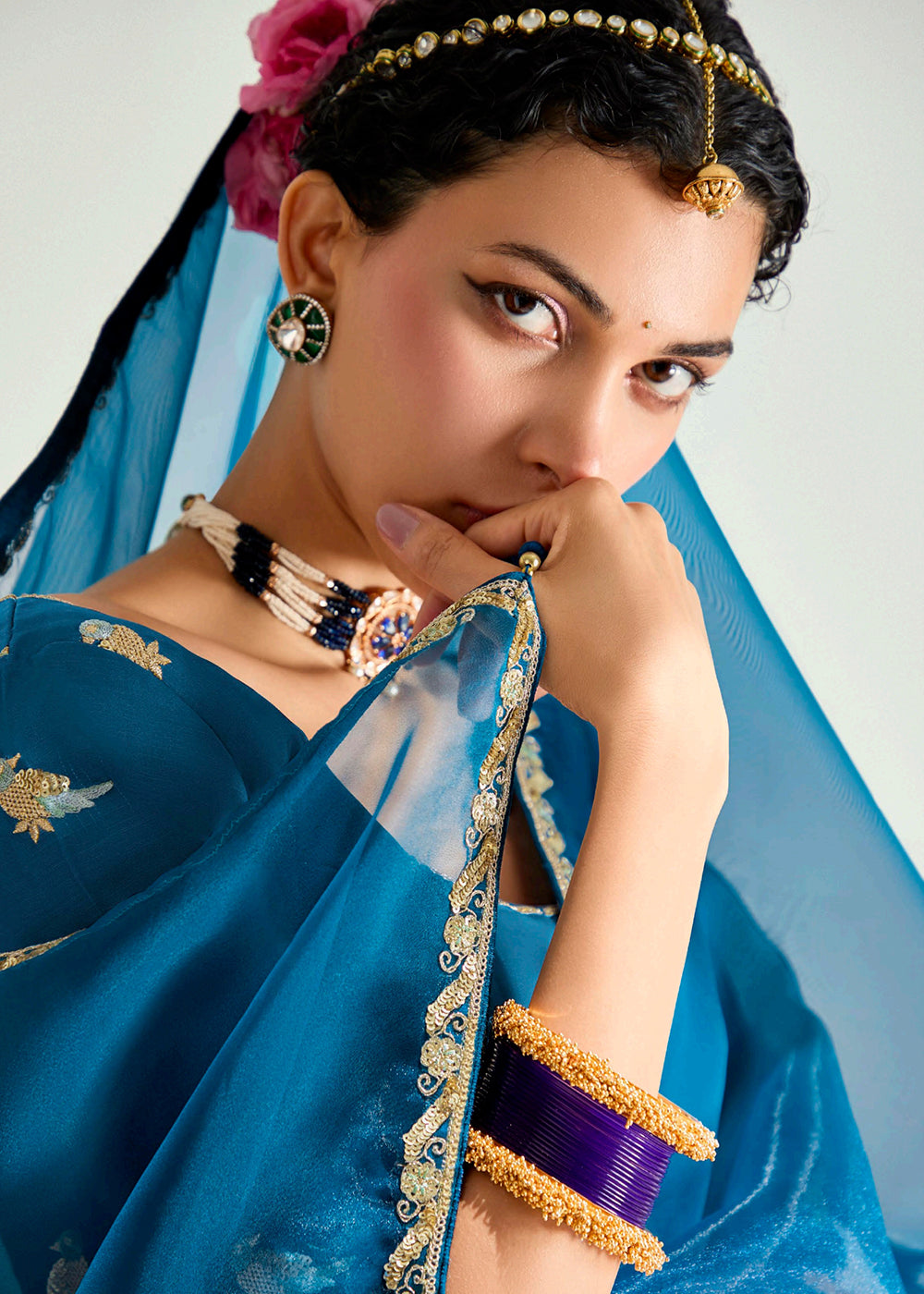 Buy Purple & Blue Organza Tissue Designer Party Wear Saree Online in USA, UK, Canada, Spain, France, Germany, Italy, Austria, UAE, Qatar & Worldwide at Empress.