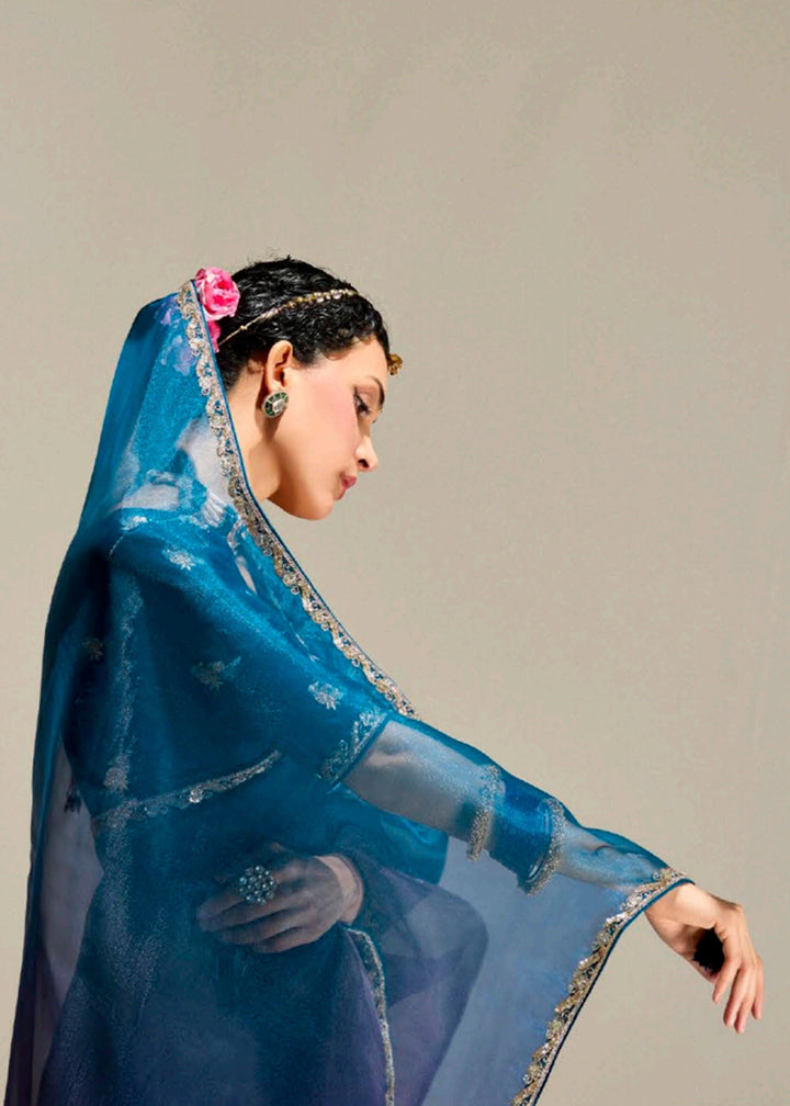 Buy Purple & Blue Organza Tissue Designer Party Wear Saree Online in USA, UK, Canada, Spain, France, Germany, Italy, Austria, UAE, Qatar & Worldwide at Empress.