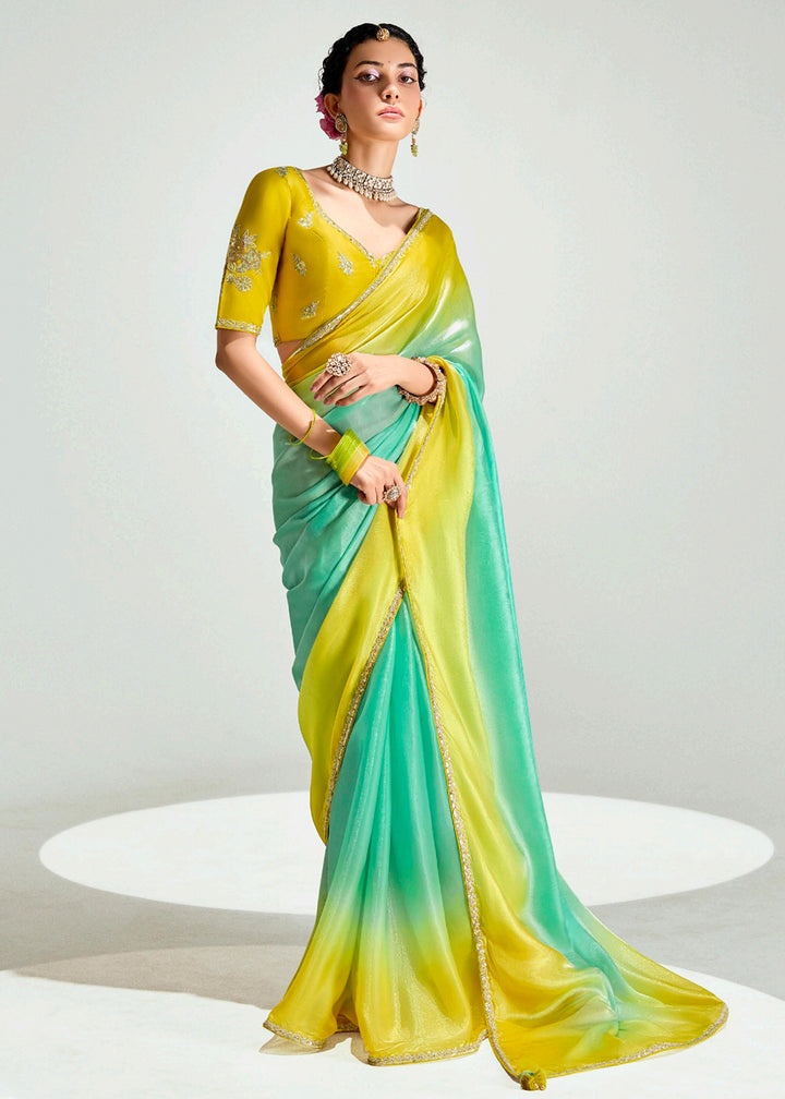 Buy Green & Yellow Organza Tissue Designer Party Wear Saree Online in USA, UK, Canada, Spain, France, Germany, Italy, Austria, UAE, Qatar & Worldwide at Empress.