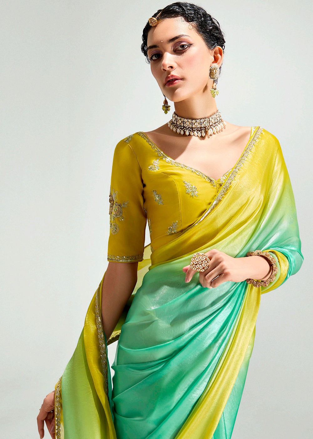 Buy Green & Yellow Organza Tissue Designer Party Wear Saree Online in USA, UK, Canada, Spain, France, Germany, Italy, Austria, UAE, Qatar & Worldwide at Empress.