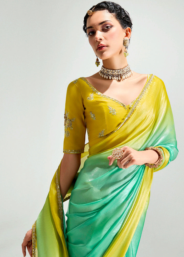 Buy Green & Yellow Organza Tissue Designer Party Wear Saree Online in USA, UK, Canada, Spain, France, Germany, Italy, Austria, UAE, Qatar & Worldwide at Empress.
