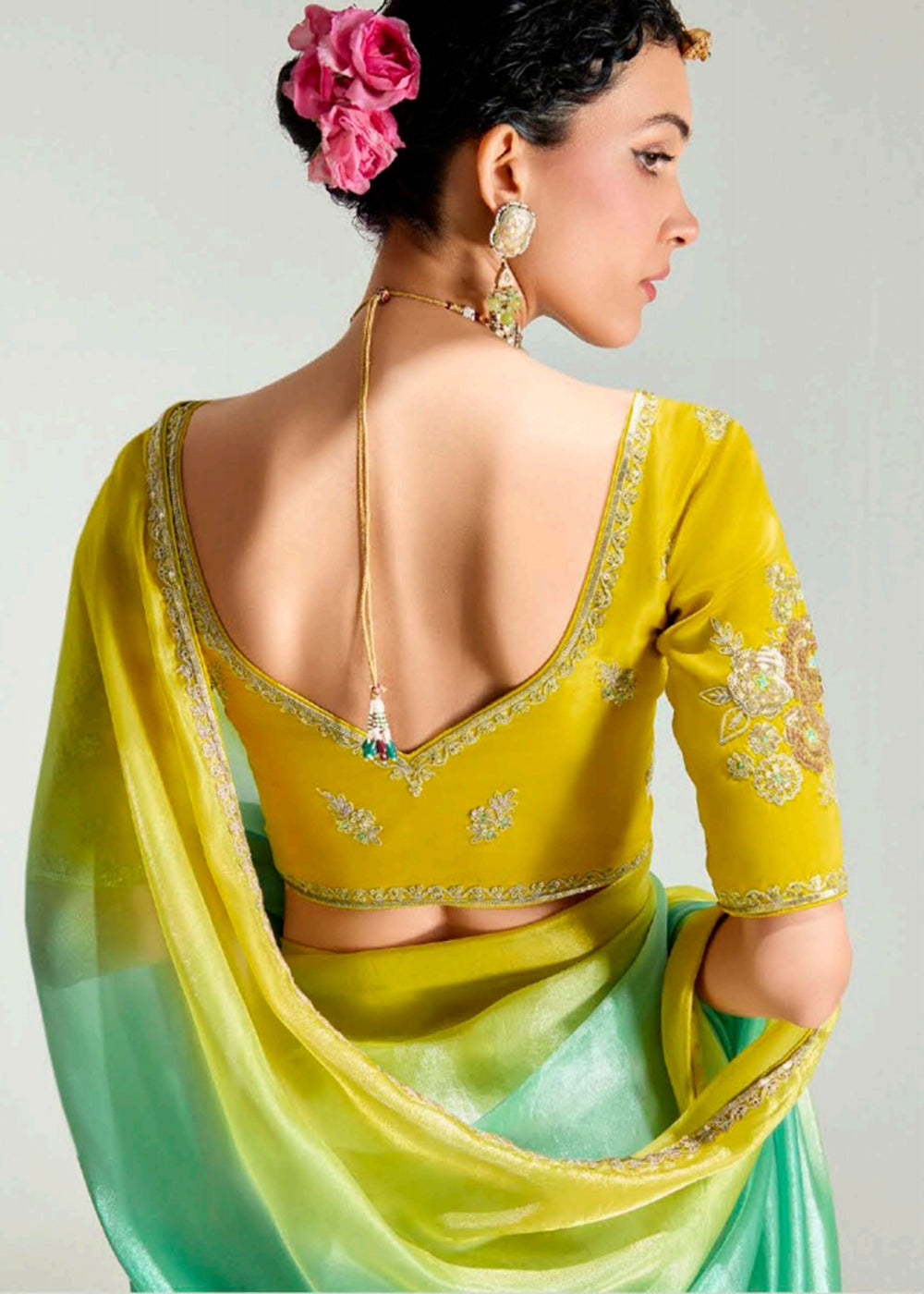 Buy Green & Yellow Organza Tissue Designer Party Wear Saree Online in USA, UK, Canada, Spain, France, Germany, Italy, Austria, UAE, Qatar & Worldwide at Empress.