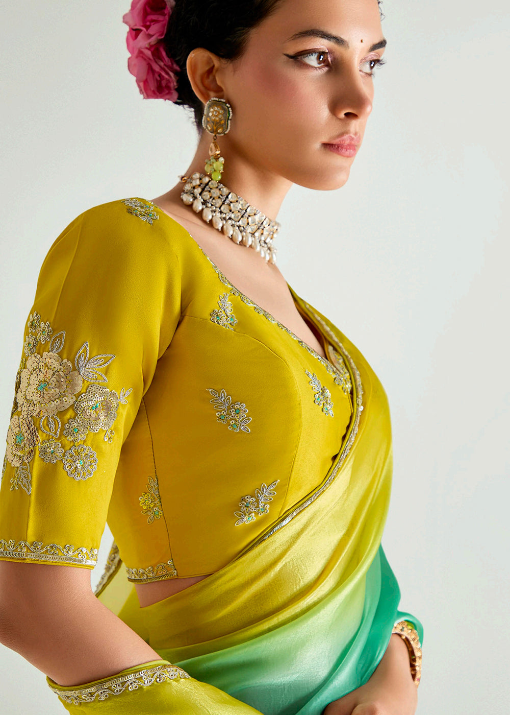 Buy Green & Yellow Organza Tissue Designer Party Wear Saree Online in USA, UK, Canada, Spain, France, Germany, Italy, Austria, UAE, Qatar & Worldwide at Empress.