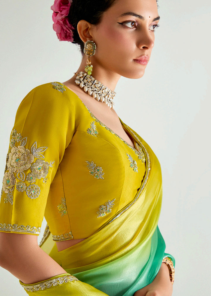 Buy Green & Yellow Organza Tissue Designer Party Wear Saree Online in USA, UK, Canada, Spain, France, Germany, Italy, Austria, UAE, Qatar & Worldwide at Empress.