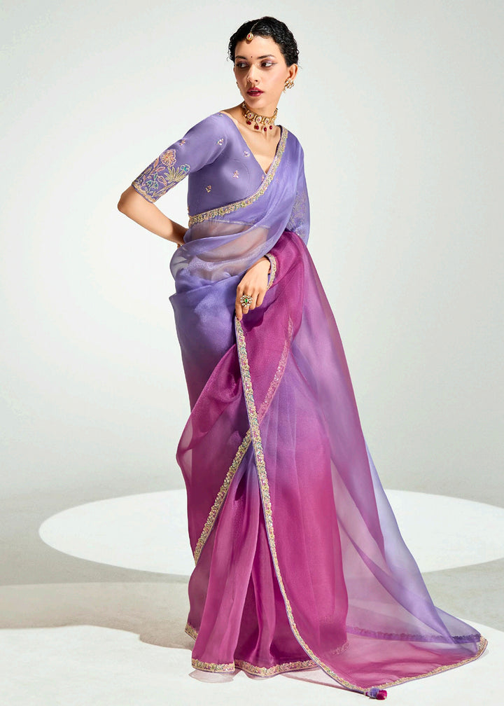 Buy Purple & Magenta Organza Tissue Designer Party Wear Saree Online in USA, UK, Canada, Spain, France, Germany, Italy, Austria, Qatar & Worldwide at Empress.