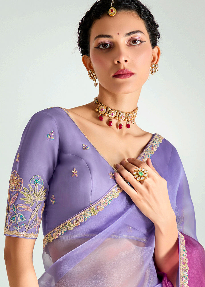 Buy Purple & Magenta Organza Tissue Designer Party Wear Saree Online in USA, UK, Canada, Spain, France, Germany, Italy, Austria, Qatar & Worldwide at Empress.