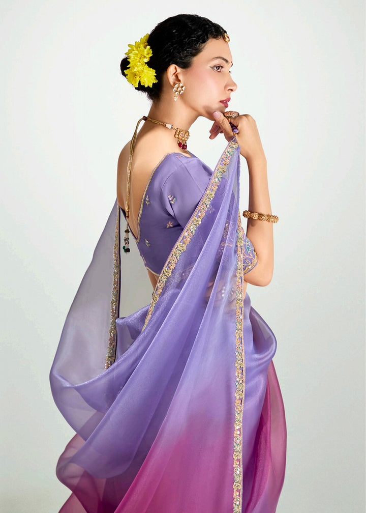 Buy Purple & Magenta Organza Tissue Designer Party Wear Saree Online in USA, UK, Canada, Spain, France, Germany, Italy, Austria, Qatar & Worldwide at Empress.